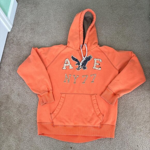 VTG American Eagle Hoodie Mens XL Orange Y2K Spell Out Heavyweight - Picture 2 of 8